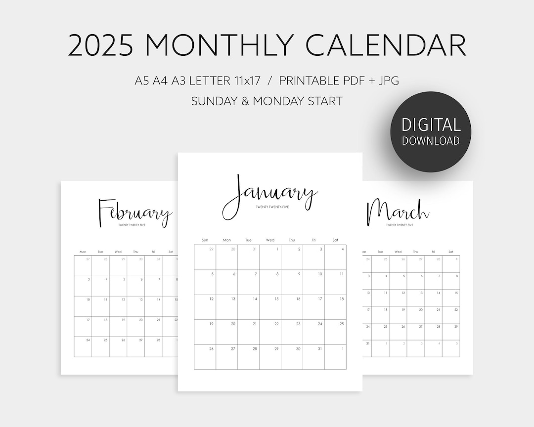 2025 Calendar, Dated Monthly Planner, Monthly Calendar Printable, 2025 Minimal Planner, 11x17 A3 A4 A5 Letter Size, PDF Sunday Monday Start - Etsy 2025-calendar-dated-monthly-planner-monthly-calendar-printable-2025-minimal-planner-11x17-a3-a4-a5-letter-size-pdf-sunday-monday-start-etsy
