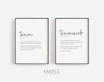 Team Definition, Teamwork Quote Printable, Set of 2 Prints, Teamwork Wall Art, Office Decor, Motivational Team Poster, Break Room Signs