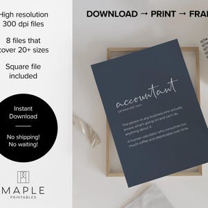 Puede incluir: Una impresi&oacute;n azul marino con la definici&oacute;n de "accountant" en escritura blanca. La impresi&oacute;n incluye la definici&oacute;n de la palabra y est&aacute; enmarcada en un marco de madera clara. La impresi&oacute;n es de Maple Printables.