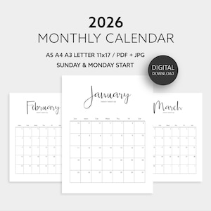 2026 Calendar, Dated Monthly Planner, Printable Monthly Calendar, 2026 Minimal Planner, 11x17 A3 A4 A5 Letter Size, PDF Sunday Monday Start