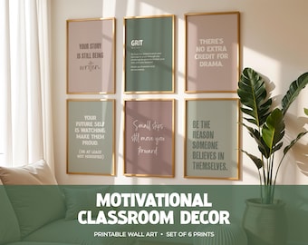 Motivational Classroom Posters in Neutral Earth Tones: Set of 6 Green & Brown High School Class Prints, Study Room Humour (Digital Download)