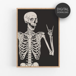 Halloween Poster, Funny Skeleton Print, Halloween Party Decor, Printable Wall Art, Spooky Skull Decor, Halloween Humour, Devil Horns Sign