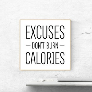 May include: A motivational quote in a black frame on a white wall. The quote reads "Excuses - Don't Burn - Calories".