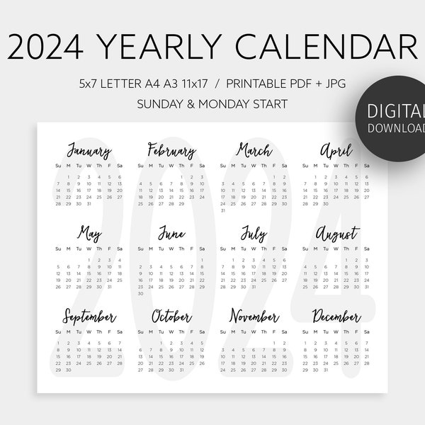 2024 Year Calendar Printable Etsy
