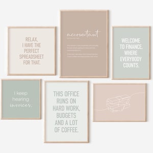 May include: Set of eight printable wall art prints with quotes about accounting and finance. The prints are in a minimalist style with white text on a light brown, light blue, or light pink background.