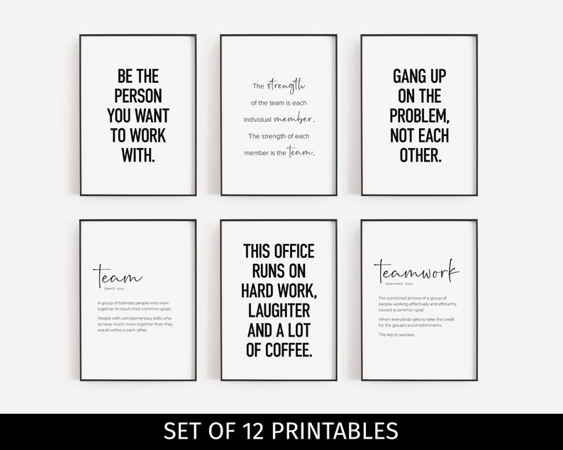 Peut inclure: Ensemble de 12 affiches imprimables avec des citations motivantes sur le travail d'&eacute;quipe, le travail acharn&eacute; et le caf&eacute;. Les affiches pr&eacute;sentent un texte noir sur fond blanc avec une bordure noire.