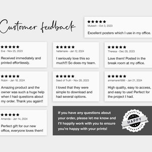 May include: A collage of customer reviews with five-star ratings and positive comments about the quality and service of a poster printing company. The text includes phrases like "received immediately", "amazing product", "perfect gift", "easy to access", and "love them". The image also includes a guarantee seal with the word "Happy" in a red ribbon.