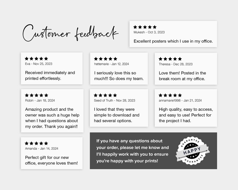 May include: A collage of customer reviews with five-star ratings and positive comments about the quality and service of a poster printing company. The text includes phrases like "received immediately", "amazing product", "perfect gift", "easy to access", and "love them". The image also includes a guarantee seal with the word "Happy" in a red ribbon.