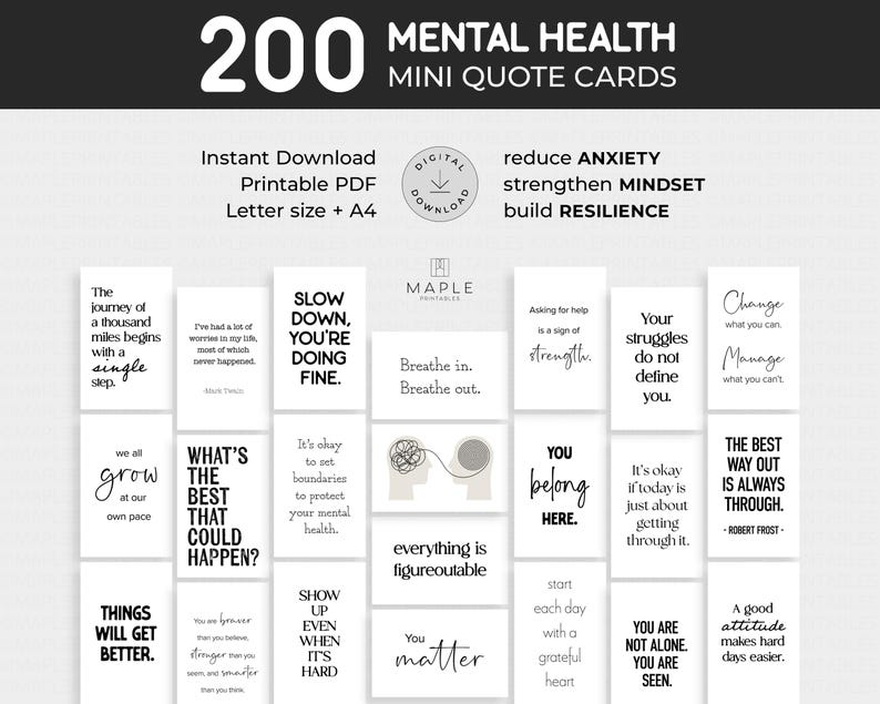 200 Mental Health Mini Quote Cards: Anxiety Flash Cards for ...