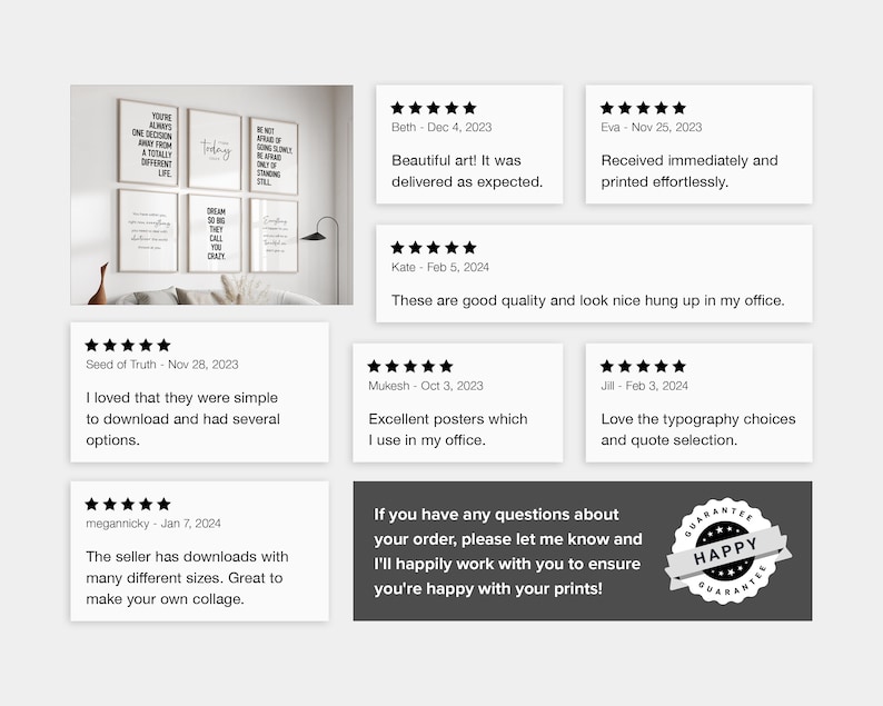 May include: Five black and white printable wall art prints with inspirational quotes. The prints are framed in simple wooden frames and are displayed on a wall in a living room setting. The quotes include: "You're always one decision away from a totally different life", "Today", "Be not afraid of loneliness, it is simply being standing still", "Dream so big they call you crazy", and "Sometimes the smallest step in the right direction ends up being the biggest step of your life".