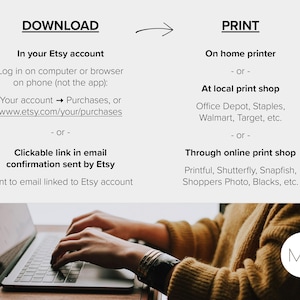 May include: Image with instructions for downloading and printing Etsy purchases. Text includes "DOWNLOAD" and "PRINT" with steps for both. A person's hands are typing on a laptop keyboard.