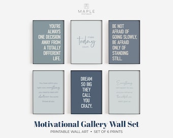 Motivational Posters Set of 6 Blue Prints, Printable Quotes for Office Decor, Motivation Wall Art for Women, Blue Inspirational Gallery Wall