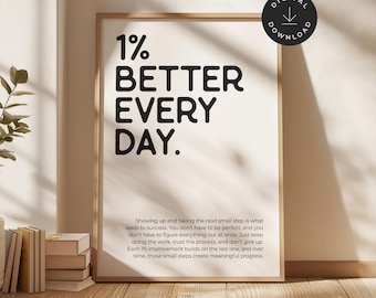 Motivational Office Print: '1% Better Every Day' Poster, Success Quote for Home Office Decor, Growth Mindset Wall Art (Digital Download)