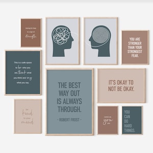 Therapist Office Decor Set of 10 Blue and Tan Prints, Printable Mental Health Posters, Motivational Art for Gender-Neutral Therapy Gallery