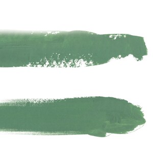 May include: Two horizontal brushstrokes of green paint on a white background. The top brushstroke is slightly thicker than the bottom brushstroke.