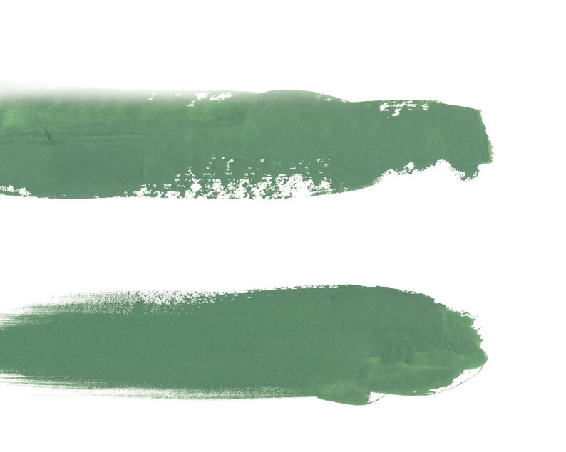 May include: Two horizontal brushstrokes of green paint on a white background. The top brushstroke is slightly thicker than the bottom brushstroke.