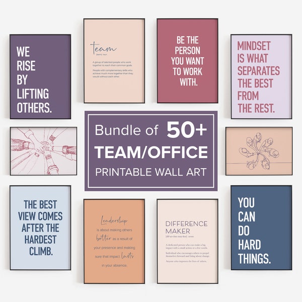 Lot de 50 citations d'équipe colorées, art mural de bureau minimaliste imprimable, affiches motivantes pour la décoration sur le lieu de travail et la productivité