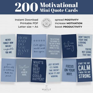 May include: A collection of 200 motivational mini quote cards in shades of blue and white. The cards feature various inspirational phrases and are available as an instant digital download in PDF format. The text includes phrases like "Never forget how wildly capable you are."