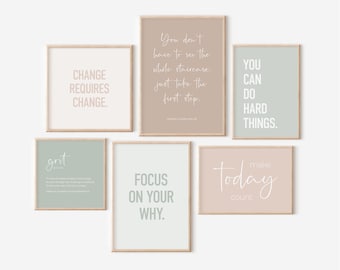 Motivational Quotes Set of 6 Green and Beige Office Prints, Printable Wall Art for Home Office, Inspirational Earth Tones Posters for Women