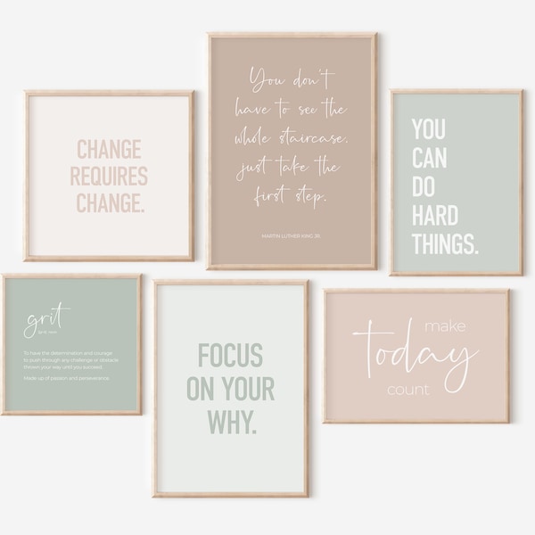 Motivational Quotes Set of 6 Green and Beige Office Prints, Printable Wall Art for Home Office, Inspirational Earth Tones Posters for Women