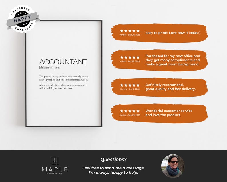 Pode incluir: Uma impress&atilde;o emoldurada com a defini&ccedil;&atilde;o de "ACCOUNTANT" em texto preto sobre um fundo branco. A defini&ccedil;&atilde;o inclui a pron&uacute;ncia e uma descri&ccedil;&atilde;o humor&iacute;stica. As avalia&ccedil;&otilde;es dos clientes s&atilde;o exibidas em pinceladas laranja.