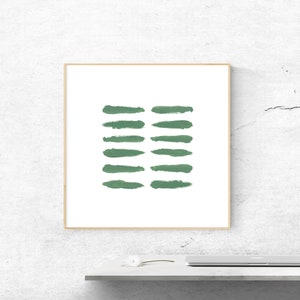 May include: A framed print with a minimalist design featuring a series of horizontal green brushstrokes on a white background.