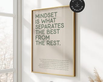 Quadro motivazionale da parete color verde salvia: poster neutro con citazione "Mentalità forte", "La mentalità è tutto", decorazione per casa e ufficio (download digitale)