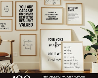 May include: A collection of framed wall art prints featuring black text on white backgrounds with motivational quotes such as You Are Capable, Difference Maker, and Your Voice Matters, displayed in a gallery wall arrangement with wooden frames.