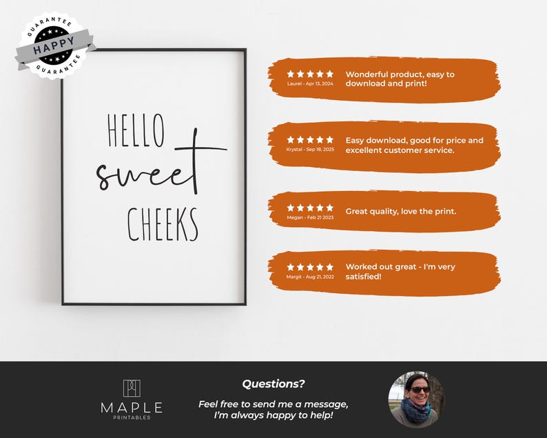May include: A framed black and white print with the text "Hello Sweet Cheeks" in a handwritten style. The print is displayed on a white background. The image also includes customer reviews and a guarantee badge.