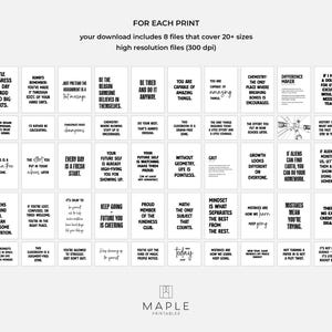 May include: A collection of printable wall art featuring motivational quotes in a minimalist black and white design. The prints include phrases like "A Little Progress Each Day Can Add Up To Big Results" and "You Are Capable of Amazing Things."