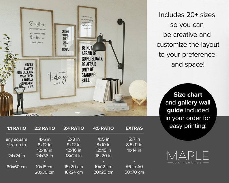 May include: A printable wall art size chart with 20+ sizes for easy printing. The chart includes 1:1, 2:3, 3:4, and 4:5 ratios, as well as extra sizes. The chart is printed on a white background with black text. The chart is surrounded by a black border. The chart is titled "MAPLE printables".