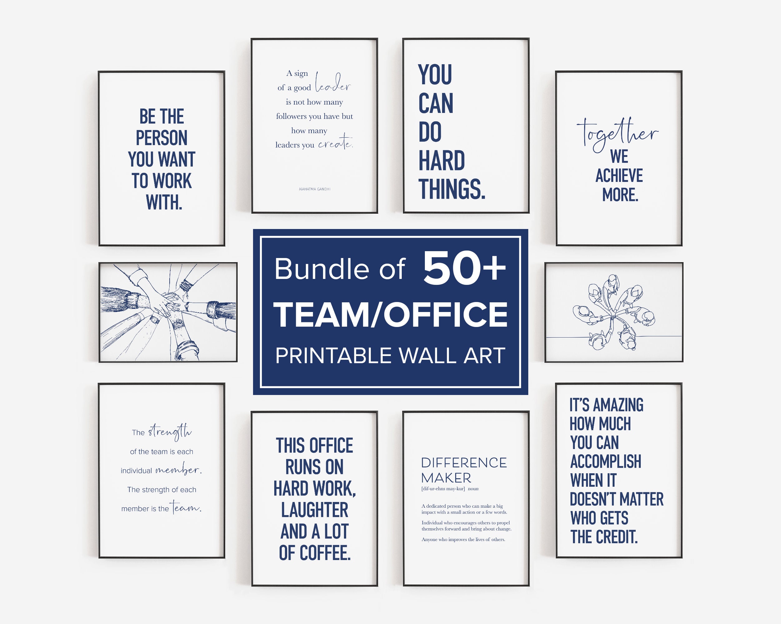Team Quotes Bundle of 50 Navy Blue Prints, Printable Minimalist Office Wall Art, Motivational Posters for Workplace Decor and Productivity