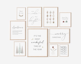 Puede incluir: Un conjunto de 10 impresiones de arte de pared de Navidad imprimibles que presentan varios temas navideños, incluido un árbol de Navidad, adornos, un muñeco de nieve y diseños basados en texto. Las impresiones son en blanco y negro con algunos acentos dorados.