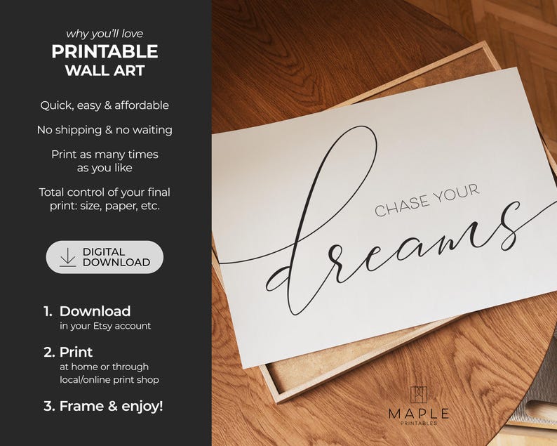 Chase Your Dreams, Dream Big, Downloadable Prints, Kids Room Decor, Inspirational Poster, Printable Wall Art, Nursery Decor, Calligraphy Art image 7