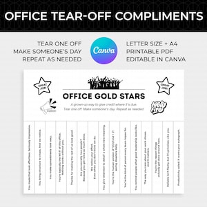 Op de afbeelding: Een witte, afdrukbare PDF met de tekst "OFFICE TEAR-OFF COMPLIMENTS" en "OFFICE GOLD STARS". Het ontwerp bevat afscheurbare complimenten met zinnen als "Serieus indrukwekkend" en "We merken je inspanningen".