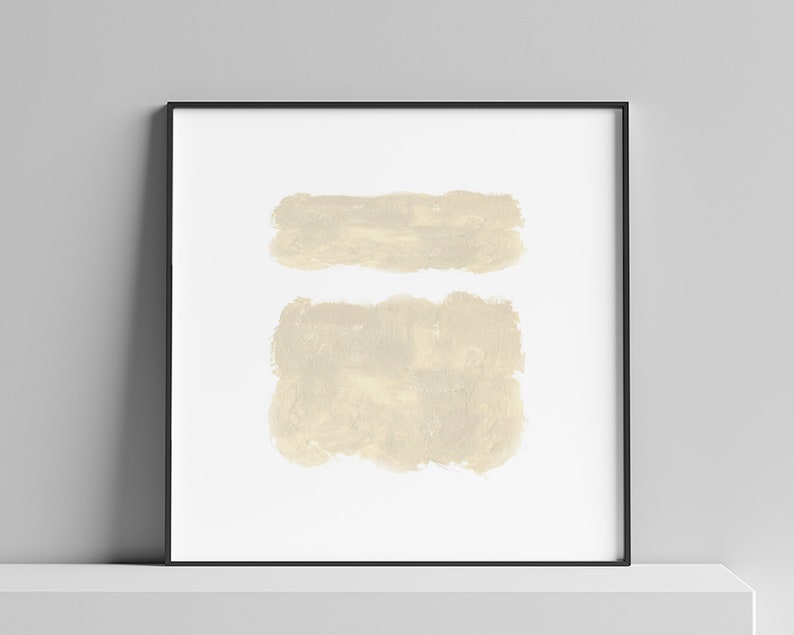 May include: A framed abstract art print with two beige brushstrokes on a white background.