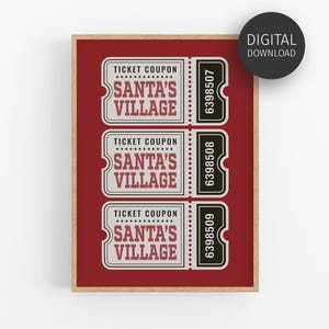Retro Santa&#39;s Village Ticket Print, Printable Wall Art for Red Christmas Decor, Vintage Xmas Poster for Holiday Decor, Trendy Festive Print