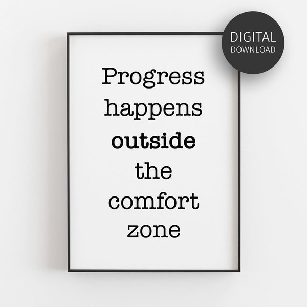 Gym Wall Art, Downloadable Prints, Fitness, Progress Happens Outside The Comfort Zone, Motivational Quote, Printable Art, Minimalist Poster