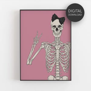 Impresión de coqueta de Halloween, arte de pared imprimible para decoración femenina de Halloween, esqueleto con signo de la paz y lazo, cartel rosa de Halloween para mujeres