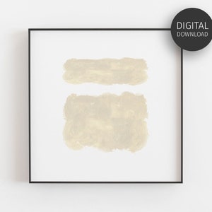 May include: Abstract art print with two beige brushstrokes on a white background. The print is framed in a black frame.