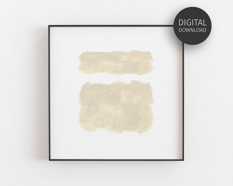 May include: Abstract art print with two beige brushstrokes on a white background. The print is framed in a black frame.