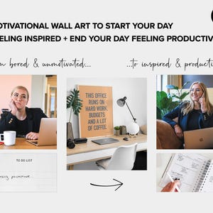 Puede incluir: Arte mural motivacional con texto: "MOTIVATIONAL WALL ART TO START YOUR DAY FEELING INSPIRED + END YOUR DAY FEELING PRODUCTIVE!" y "THIS OFFICE RUNS ON HARD WORK, BUDGETS AND A LOT OF COFFEE." La imagen muestra un tema de antes y despu&eacute;s.