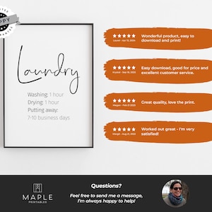 May include: A framed white print with the word "Laundry" in a stylish script font. Below, the print lists washing and drying times, and the time it takes to put away the laundry. Customer reviews are displayed on the right.
