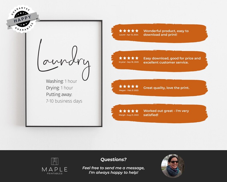 May include: A framed white print with the word "Laundry" in a stylish script font. Below, the print lists washing and drying times, and the time it takes to put away the laundry. Customer reviews are displayed on the right.