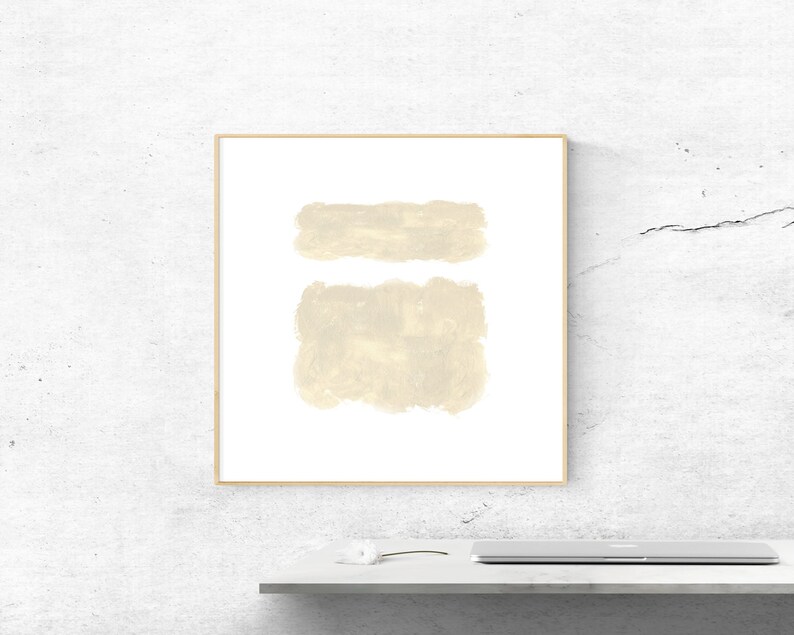 May include: A framed abstract art print with two beige brushstrokes on a white background.