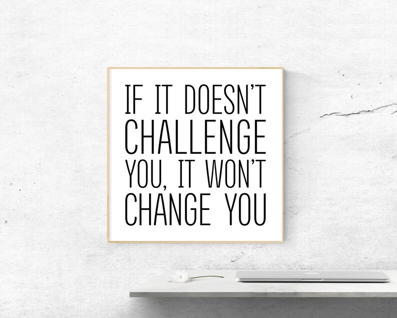 May include: A framed motivational quote in black text on a white background. The quote reads "If it doesn't challenge you, it won't change you."