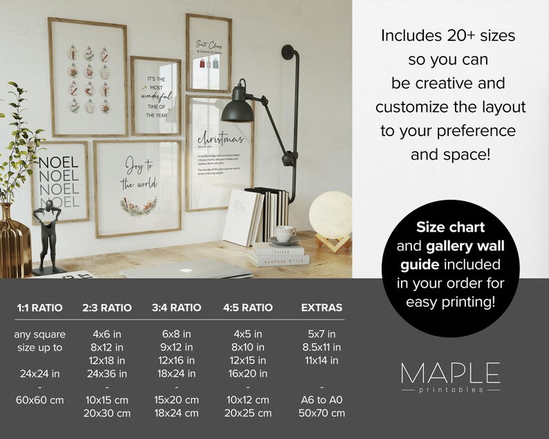 Pu&ograve; includere: Un set di arte da parete stampabile digitale con una variet&agrave; di design a tema natalizio. Il set include oltre 20 dimensioni e una tabella delle dimensioni e una guida per la parete della galleria per una facile stampa. I design includono una ghirlanda con il testo "Joy to the world", un albero di Natale con il testo "It's the most wonderful time of the year", una calza di Natale con il testo "Santa Claus", e un albero di Natale con il testo "Christmas".