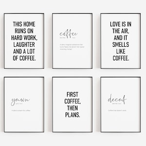 Kaffeebar Prints, Set mit 6 DRUCKEN, Lustige Kaffee Zitate, Kaffee Liebhaber Geschenke, Kaffee Definition Poster, Kaffee Dekor, Koffein Wandkunst