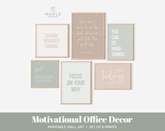 Motivational Quotes Set of 6 Green and Beige Office Prints, Printable Wall Art for Home Office, Inspirational Earth Tones Posters for Women