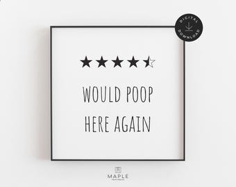 Would Poop Here Again, Funny Bathroom Print, Downloadable Prints, Bathroom Decor, Poop Review Sign, Toilet Poster, Printable Wall Art